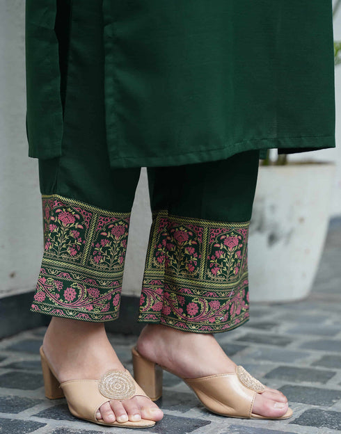 Sudathi Dark Green Cotton Printed Straight Kurta Set With Dupatta