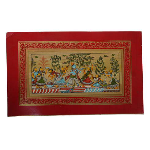 Palm Leaf Handmade Painting of Lord Krishna Playing Flute with Gopis