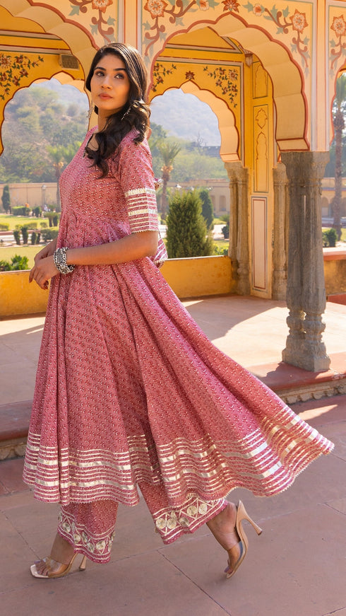 Pomcha Jaipur Rosewood Booti Gotta Jaal Cotton Anarkali Set With Jaal Work Dupatta
