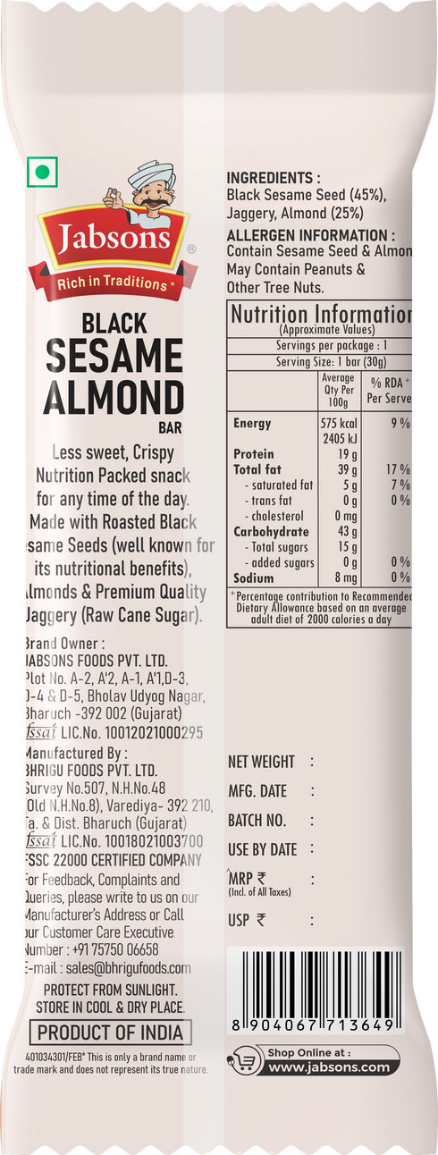 Jabsons Foods Black Sesame Almond Bar