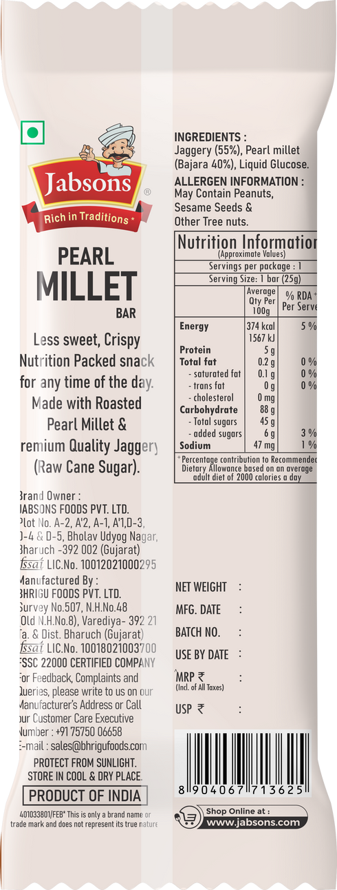 Jabsons Foods Pearl Millet Bar