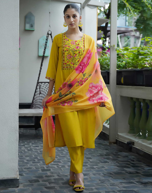 Sudathi Yellow Silk Embroidery Straight Kurta Set With Dupatta