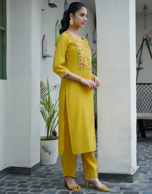 Sudathi Yellow Silk Embroidery Straight Kurta Set With Dupatta