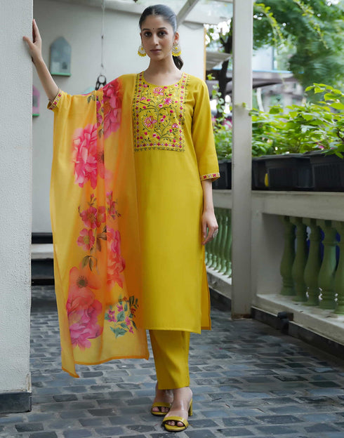Sudathi Yellow Silk Embroidery Straight Kurta Set With Dupatta