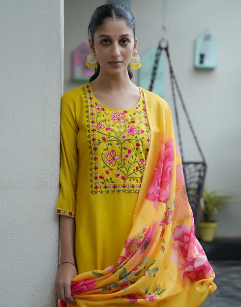 Sudathi Yellow Silk Embroidery Straight Kurta Set With Dupatta