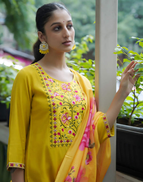 Sudathi Yellow Silk Embroidery Straight Kurta Set With Dupatta