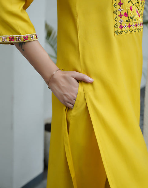 Sudathi Yellow Silk Embroidery Straight Kurta Set With Dupatta
