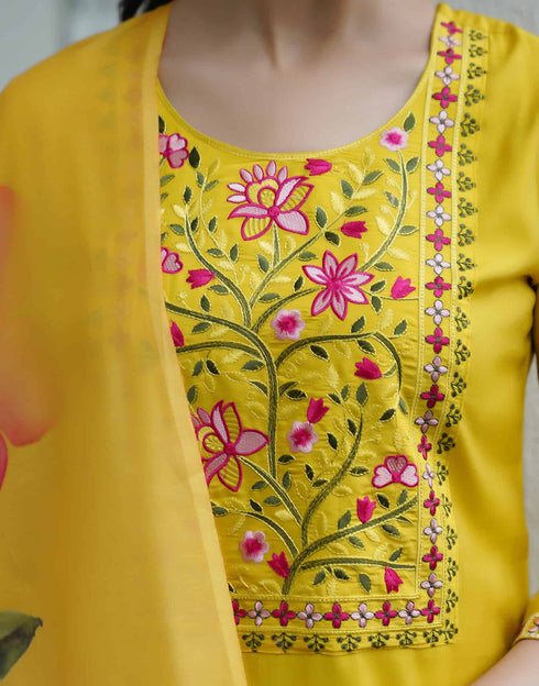 Sudathi Yellow Silk Embroidery Straight Kurta Set With Dupatta