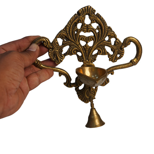Brass Wall Hanging Diya with One Bell 434g Set of 1