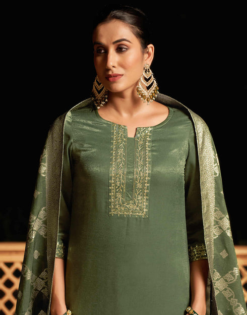 Sudathi Olive Green Velvet Plain Straight Kurta Set With Dupatta