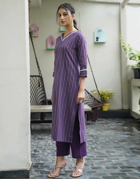 Sudathi Purple Cotton Sequence Straight Kurta Set With Dupatta