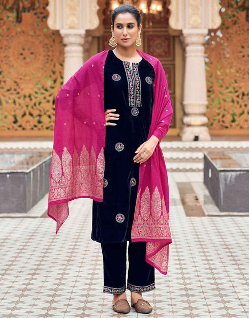 Sudathi Navy Blue Velvet Plain Straight Kurta Set With Dupatta