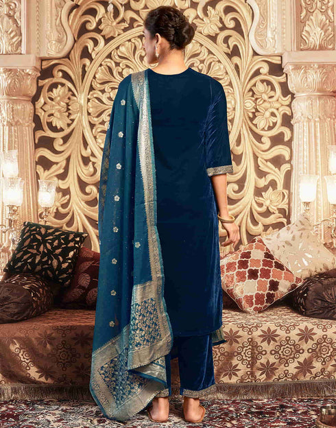 Sudathi Rama Blue Velvet Plain Straight Kurta Set With Dupatta