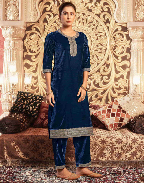 Sudathi Rama Blue Velvet Plain Straight Kurta Set With Dupatta