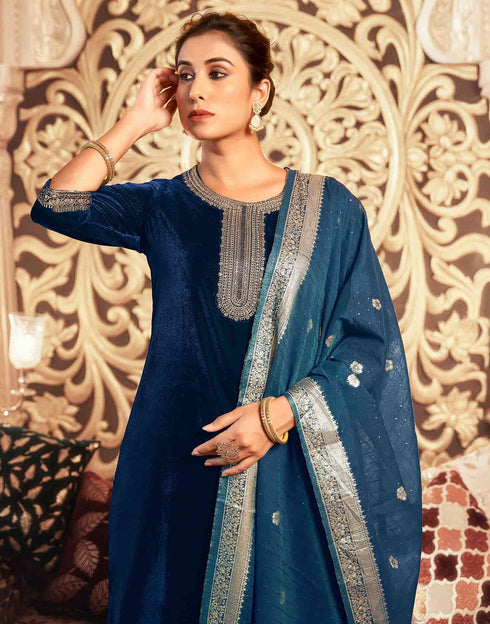 Sudathi Rama Blue Velvet Plain Straight Kurta Set With Dupatta