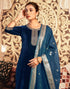 Sudathi Rama Blue Velvet Plain Straight Kurta Set With Dupatta