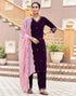 Sudathi Wine Velvet Plain Straight Kurta Set With Dupatta