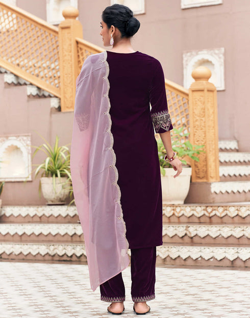 Sudathi Wine Velvet Plain Straight Kurta Set With Dupatta