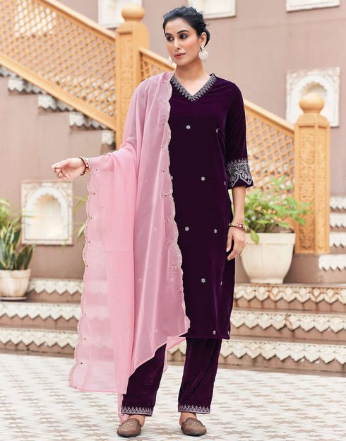 Sudathi Wine Velvet Plain Straight Kurta Set With Dupatta