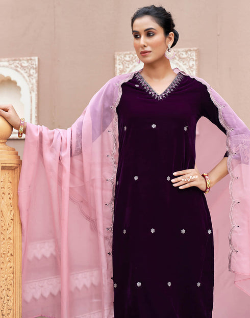 Sudathi Wine Velvet Plain Straight Kurta Set With Dupatta