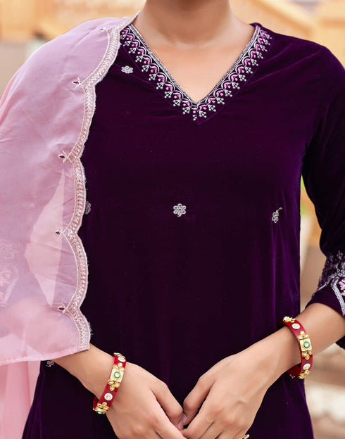 Sudathi Wine Velvet Plain Straight Kurta Set With Dupatta