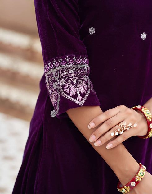 Sudathi Wine Velvet Plain Straight Kurta Set With Dupatta