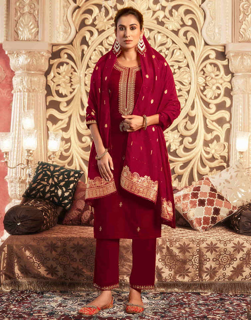 Sudathi Red Velvet Sequence Straight Kurta Set With Dupatta
