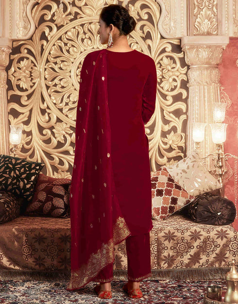 Sudathi Red Velvet Sequence Straight Kurta Set With Dupatta