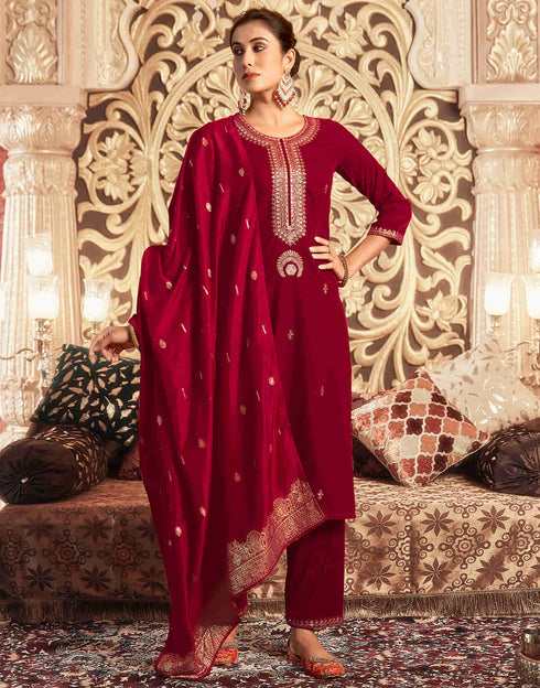 Sudathi Red Velvet Sequence Straight Kurta Set With Dupatta