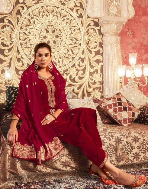 Sudathi Red Velvet Sequence Straight Kurta Set With Dupatta
