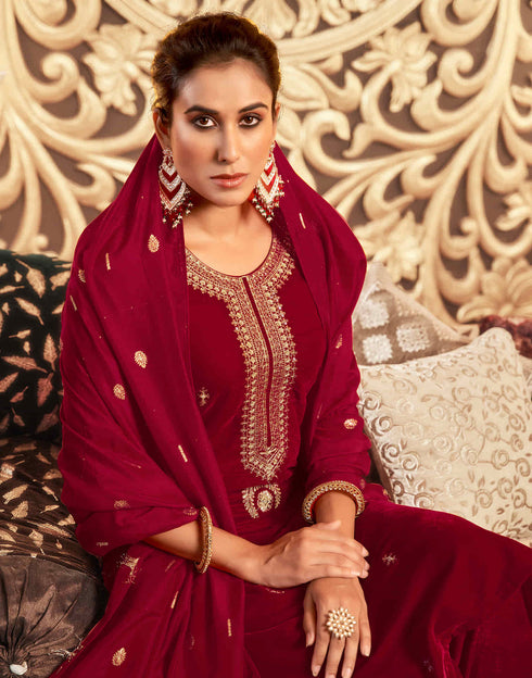 Sudathi Red Velvet Sequence Straight Kurta Set With Dupatta