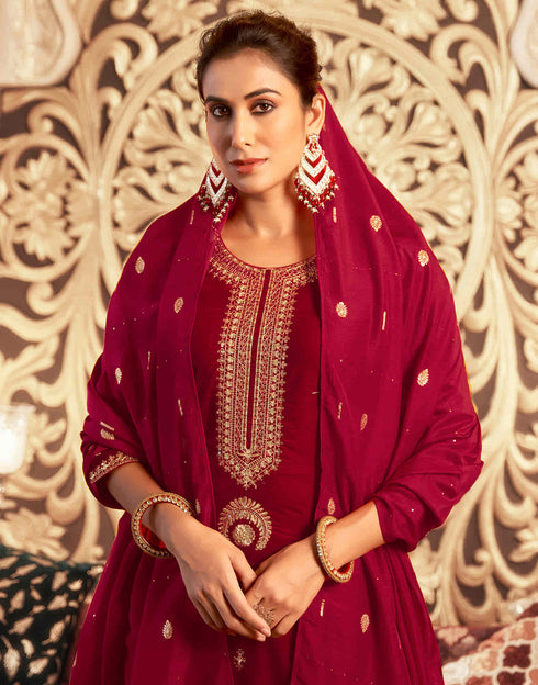 Sudathi Red Velvet Sequence Straight Kurta Set With Dupatta