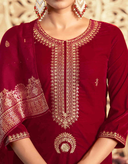 Sudathi Red Velvet Sequence Straight Kurta Set With Dupatta
