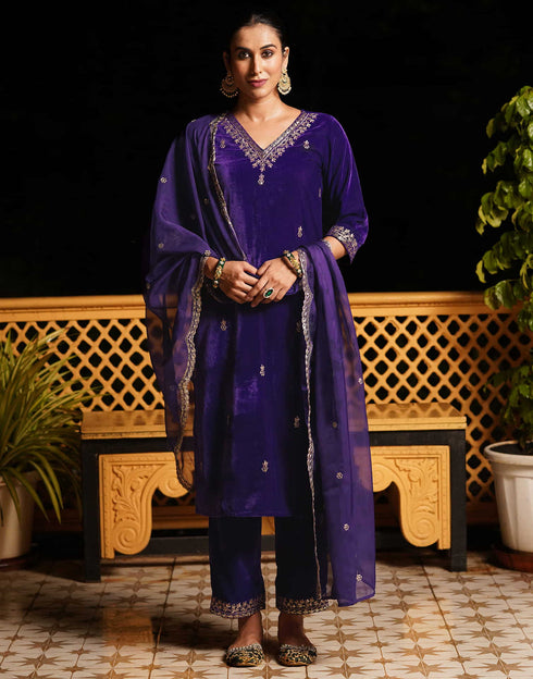 Sudathi Violet Velvet Sequence Straight Kurta Set With Dupatta