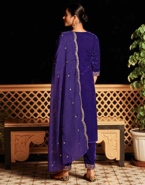 Sudathi Violet Velvet Sequence Straight Kurta Set With Dupatta