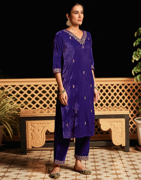 Sudathi Violet Velvet Sequence Straight Kurta Set With Dupatta