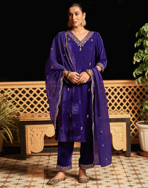 Sudathi Violet Velvet Sequence Straight Kurta Set With Dupatta
