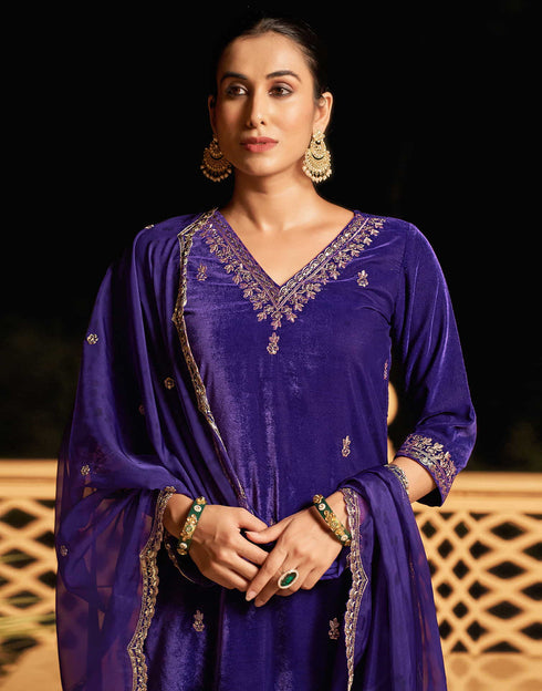 Sudathi Violet Velvet Sequence Straight Kurta Set With Dupatta