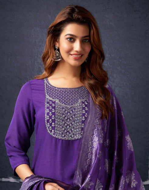 Sudathi Dark Purple Cotton Sequence Straight Kurta Set With Dupatta