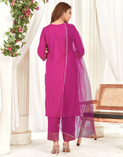 Sudathi Rani Pink Cotton Sequence Straight Kurta Set With Dupatta