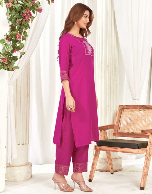 Sudathi Rani Pink Cotton Sequence Straight Kurta Set With Dupatta