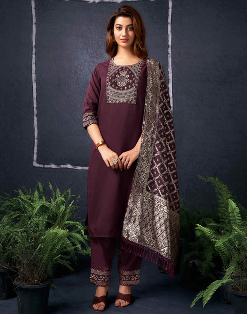 Sudathi Maroon Cotton Sequence Straight Kurta Set With Dupatta