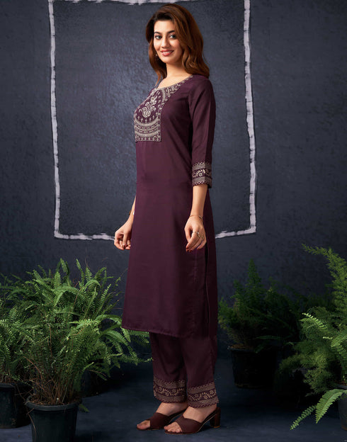 Sudathi Maroon Cotton Sequence Straight Kurta Set With Dupatta