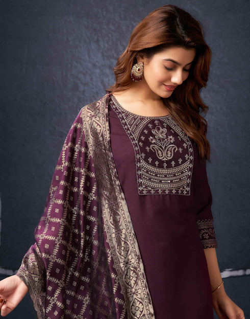 Sudathi Maroon Cotton Sequence Straight Kurta Set With Dupatta