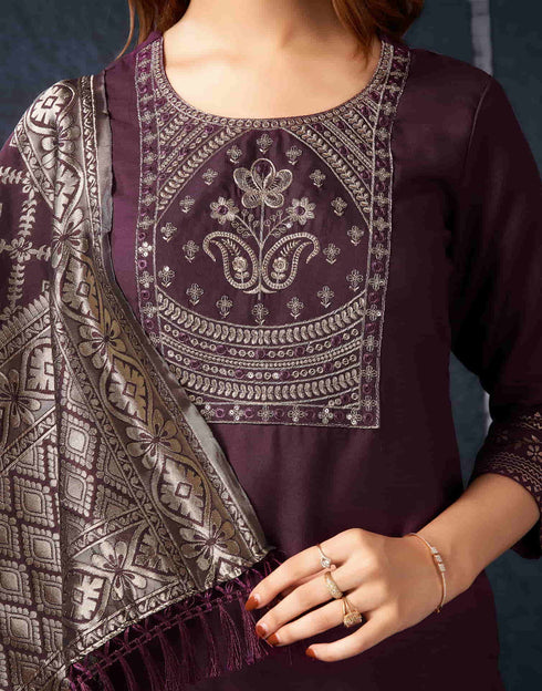 Sudathi Maroon Cotton Sequence Straight Kurta Set With Dupatta