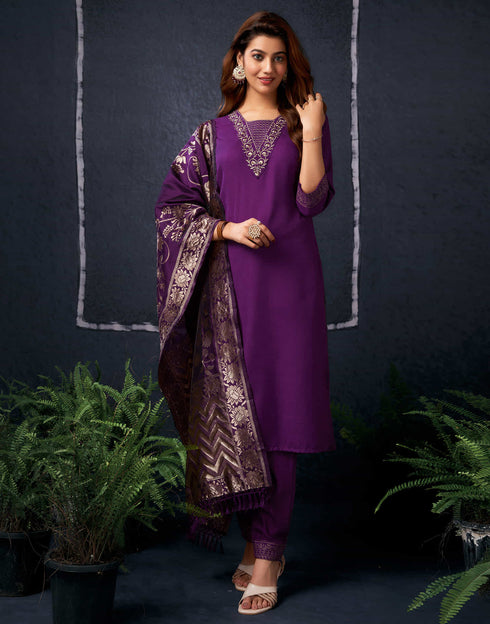 Sudathi Wine Cotton Sequence Straight Kurta Set With Dupatta