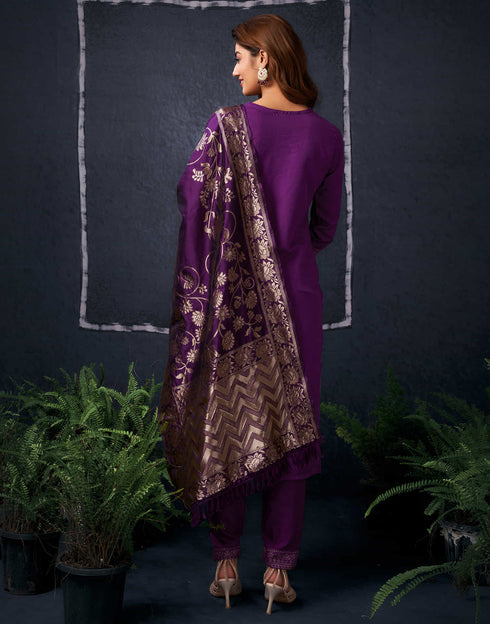 Sudathi Wine Cotton Sequence Straight Kurta Set With Dupatta