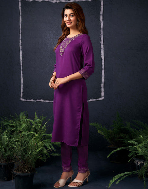 Sudathi Wine Cotton Sequence Straight Kurta Set With Dupatta