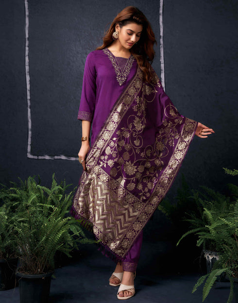 Sudathi Wine Cotton Sequence Straight Kurta Set With Dupatta