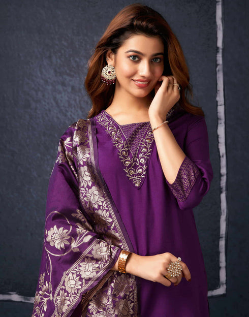 Sudathi Wine Cotton Sequence Straight Kurta Set With Dupatta